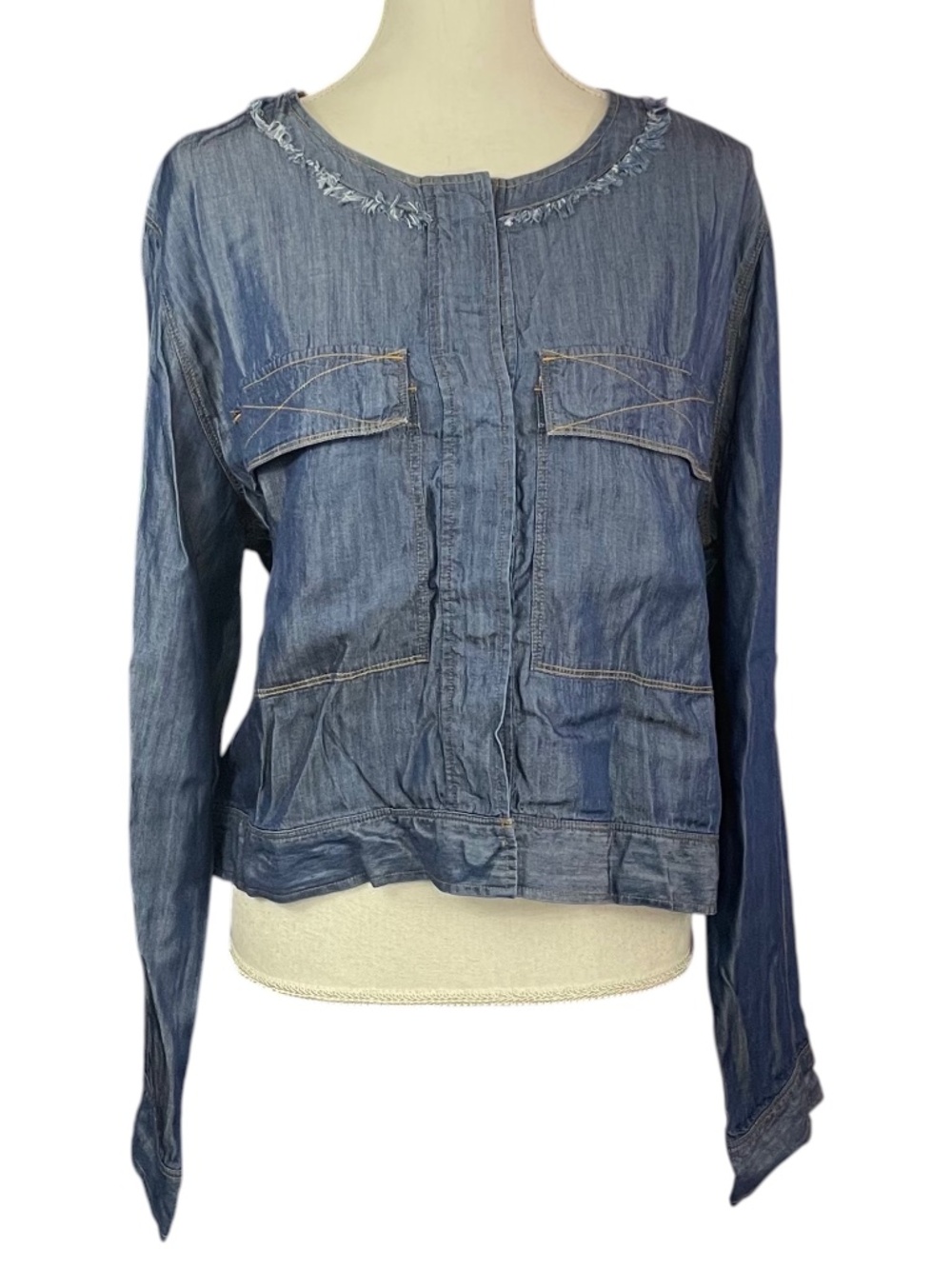 Donna Karan Chambray Jacket NEW L Raw Edge Snap Button Denim Look Adjustable